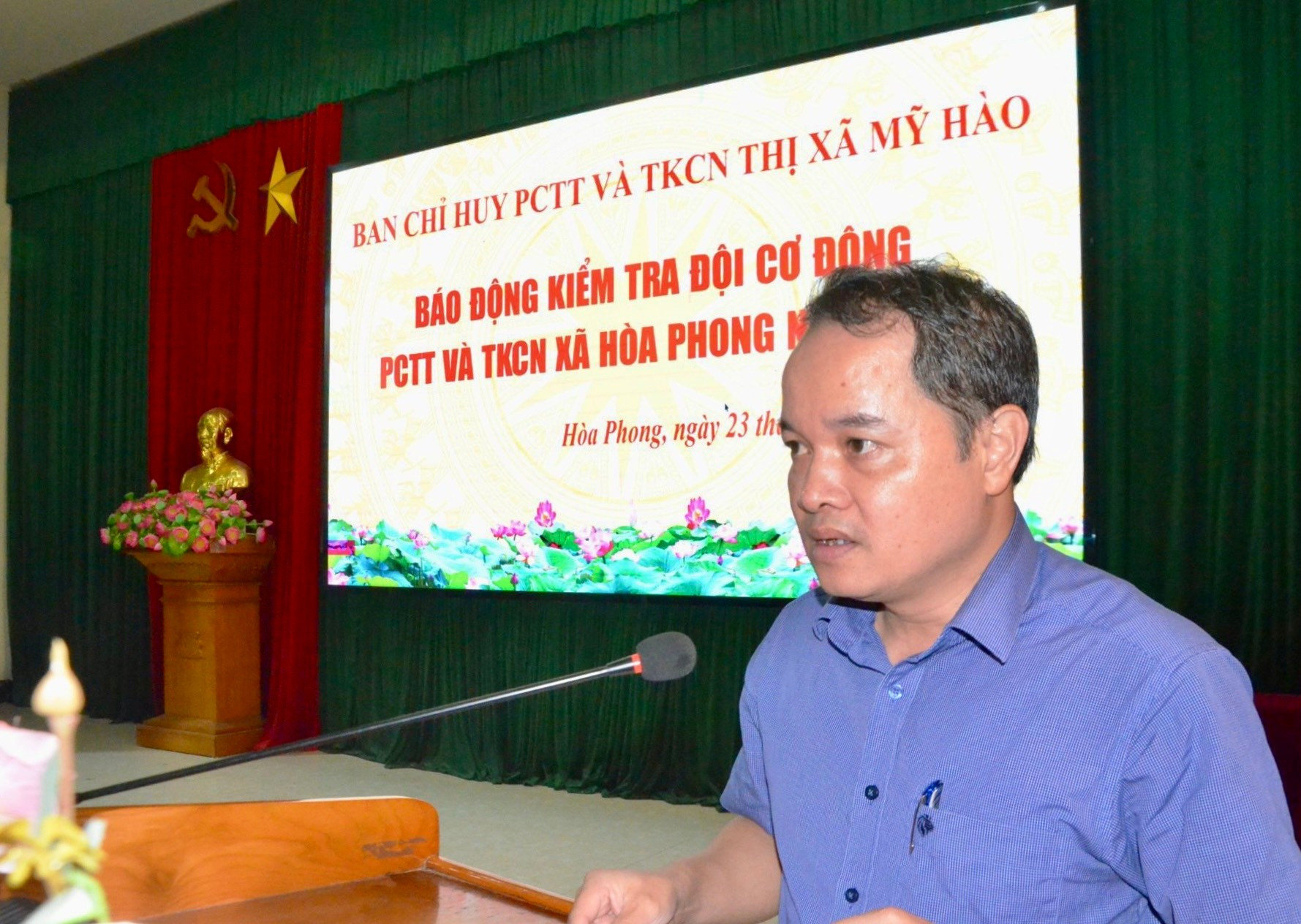   Ban Chỉ huy Phòng, chống thiên tai - Tìm kiếm cứu nạn thị xã Mỹ Hào tổ chức báo động kiểm tra Đội cơ động PCTT - TKCN tại xã Hoà Phong, xã Ngọc Lâm và phường Minh Đức