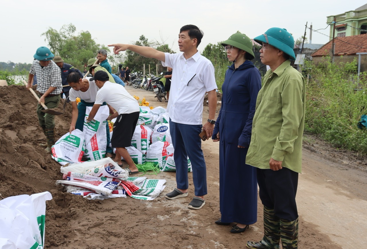 Đồng chí Lê Quang Hiến, Phó Bí thư Thị ủy, Chủ tịch UBND thị xã trực tiếp chỉ đạo công tác phòng, chống úng lụt tại sông Bần - Vũ Xá ngày 13/9 